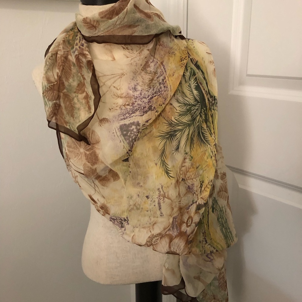 Vintage Beige and Brown Tropical Scene Printed Sheer Scarf